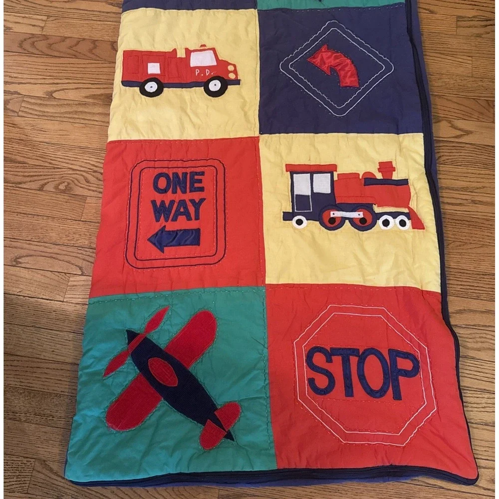 Quilted toddler sleeping bag transportation theme‎ blue green red yellow